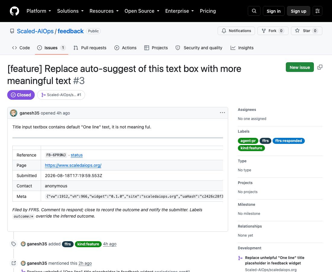 The GitHub issue created for feedback FB-6PR9NJ with FFRS labels