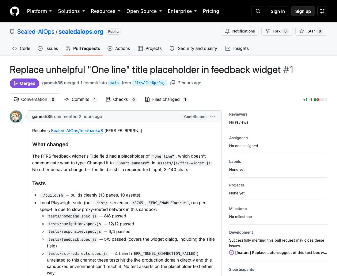 Pull request #1 opened by the FFRS agent on the scaledaiops.org repository