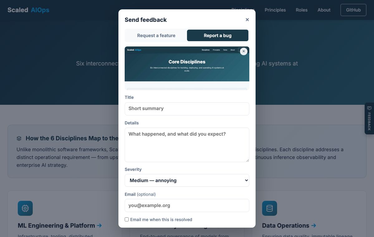 The FFRS feedback dialog on the Disciplines page, bug tab, with an automatic page screenshot